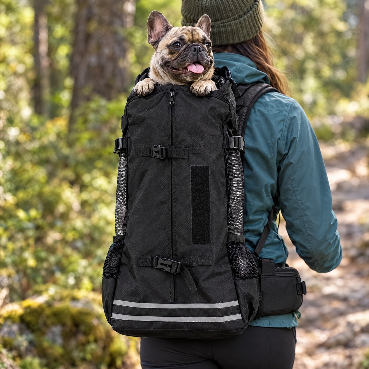 French bulldog riding in the black dog carrier backpack on a forest trail