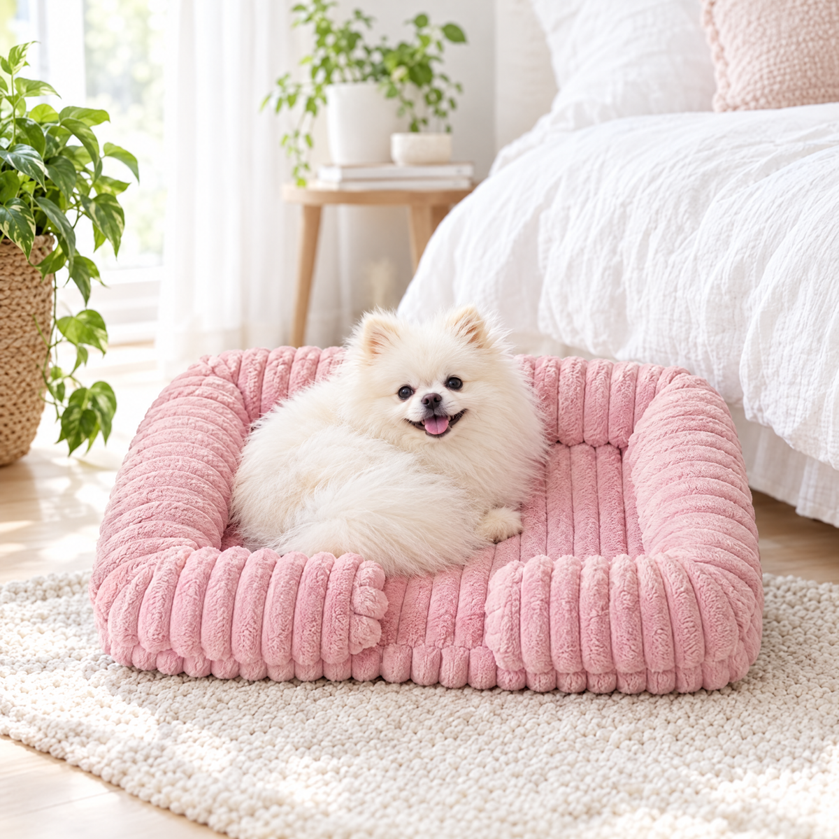 Pomeranian curled up in the pink warm dog bed