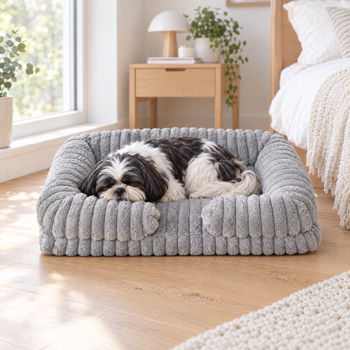 Shih Tzu napping in the light grey warm dog bed