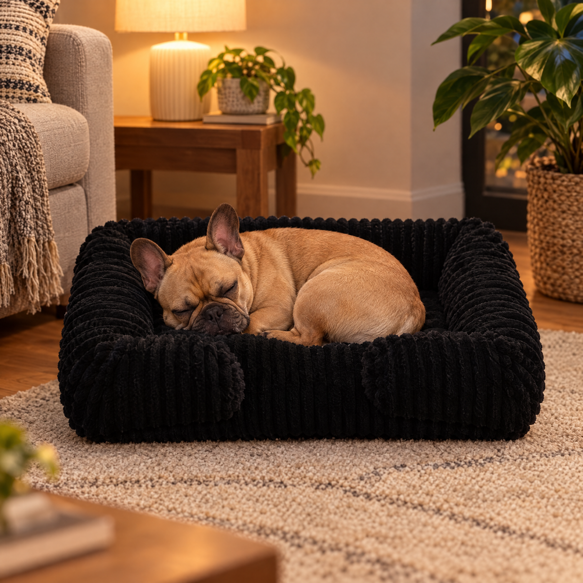 French bulldog asleep in the black warm dog bed