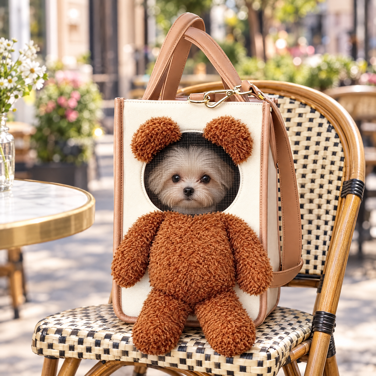 Maltese puppy peeking through the mesh window of the teddy bear pet carrier tote on a cafe patio