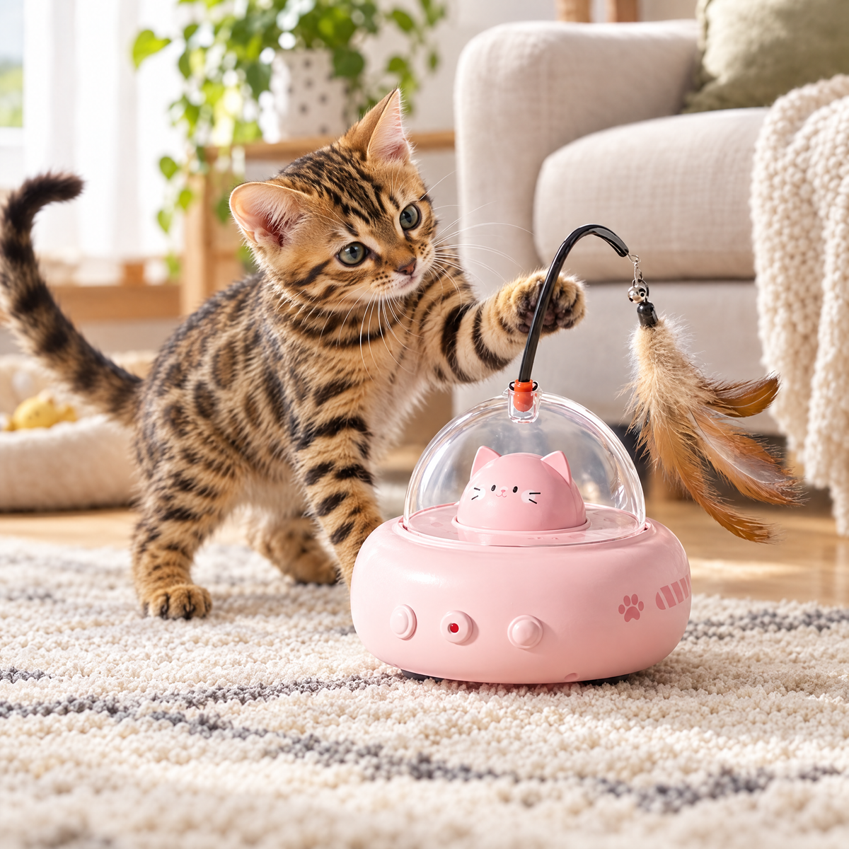 Bengal kitten playing with the pink electric cat teaser toy