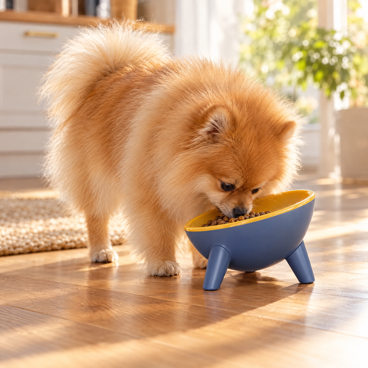 Pomeranian eating from the rock yellow elevated bowl