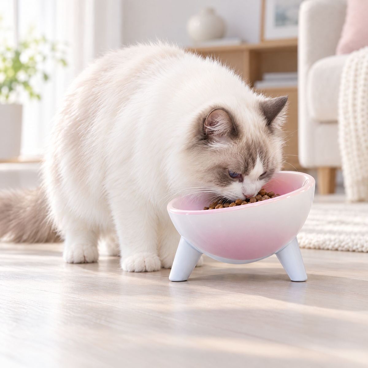 Ragdoll cat eating from the pink elevated bowl