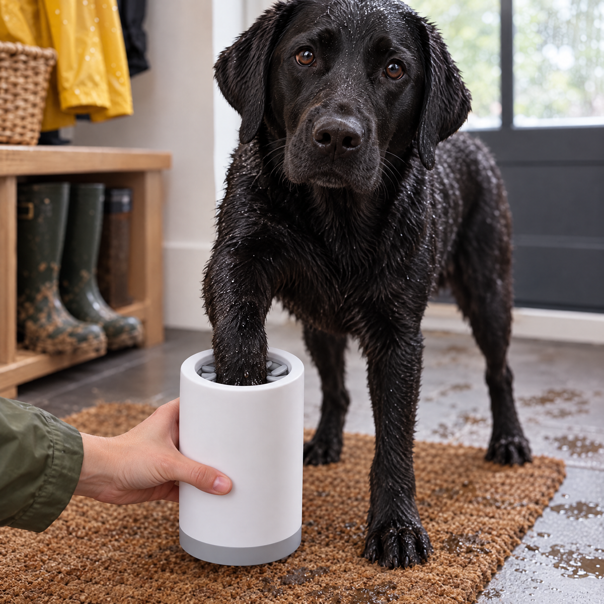 Black Labrador getting a muddy paw cleaned in the grey paw cleaner cup