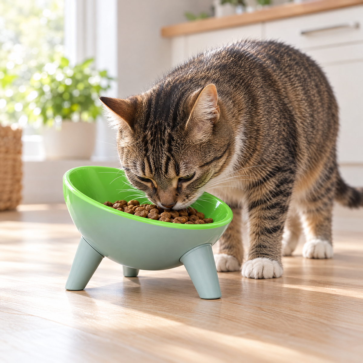 Tabby cat eating from the moss green elevated bowl