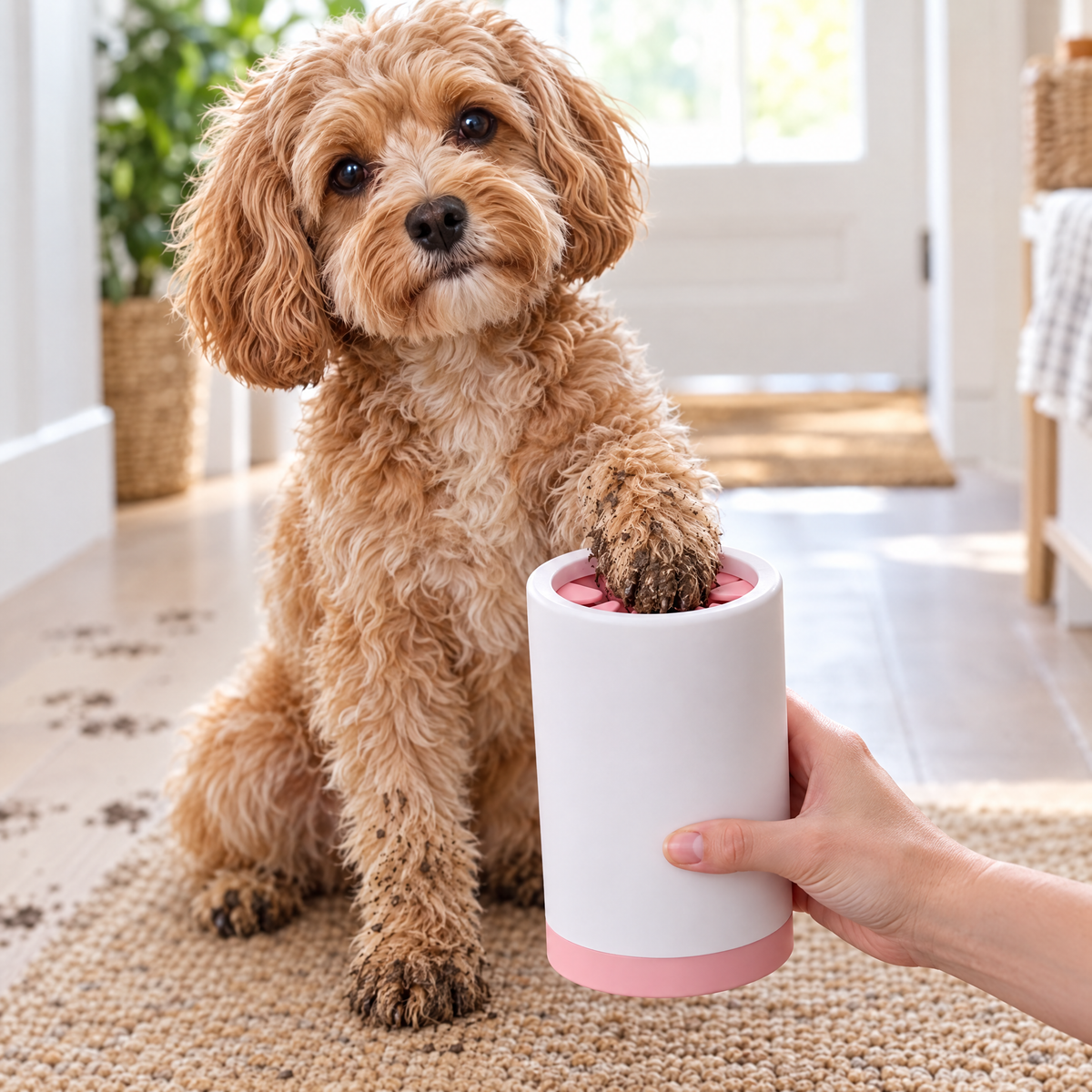 Cavapoo getting a paw cleaned in the pink paw cleaner cup