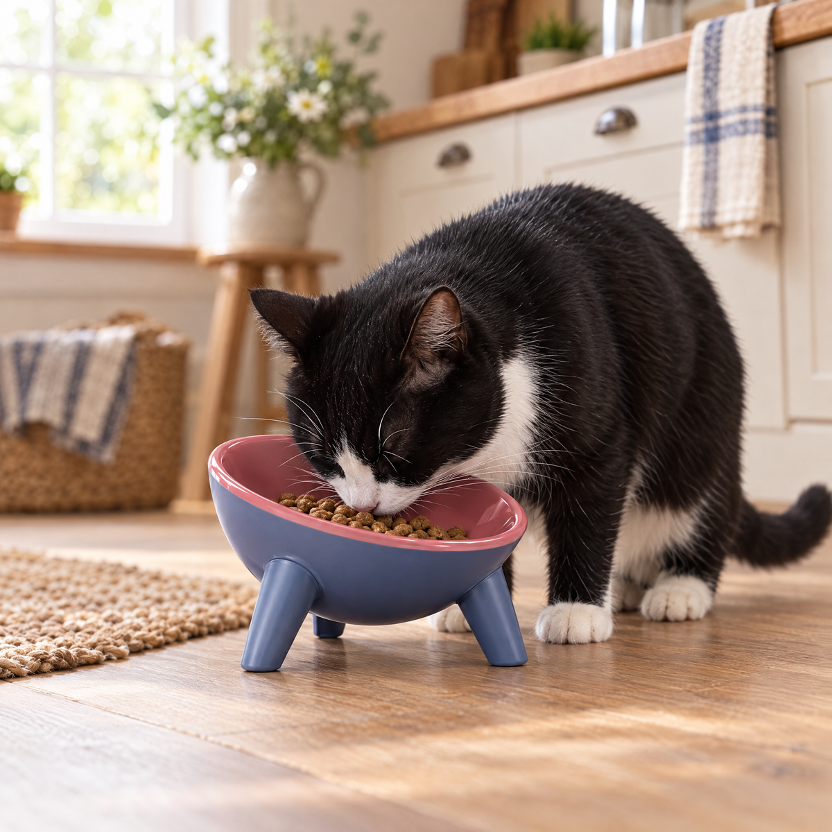 Tuxedo cat eating from the rose red elevated bowl