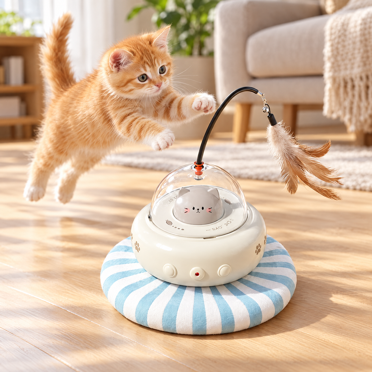 Orange kitten leaping at the milk coffee electric cat teaser toy