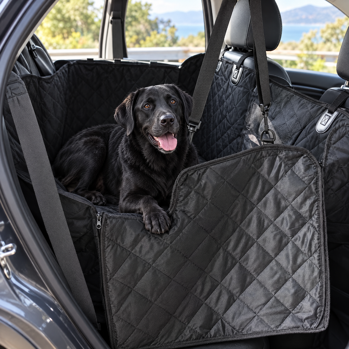 Black Labrador on the back seat protected by the waterproof car seat cover