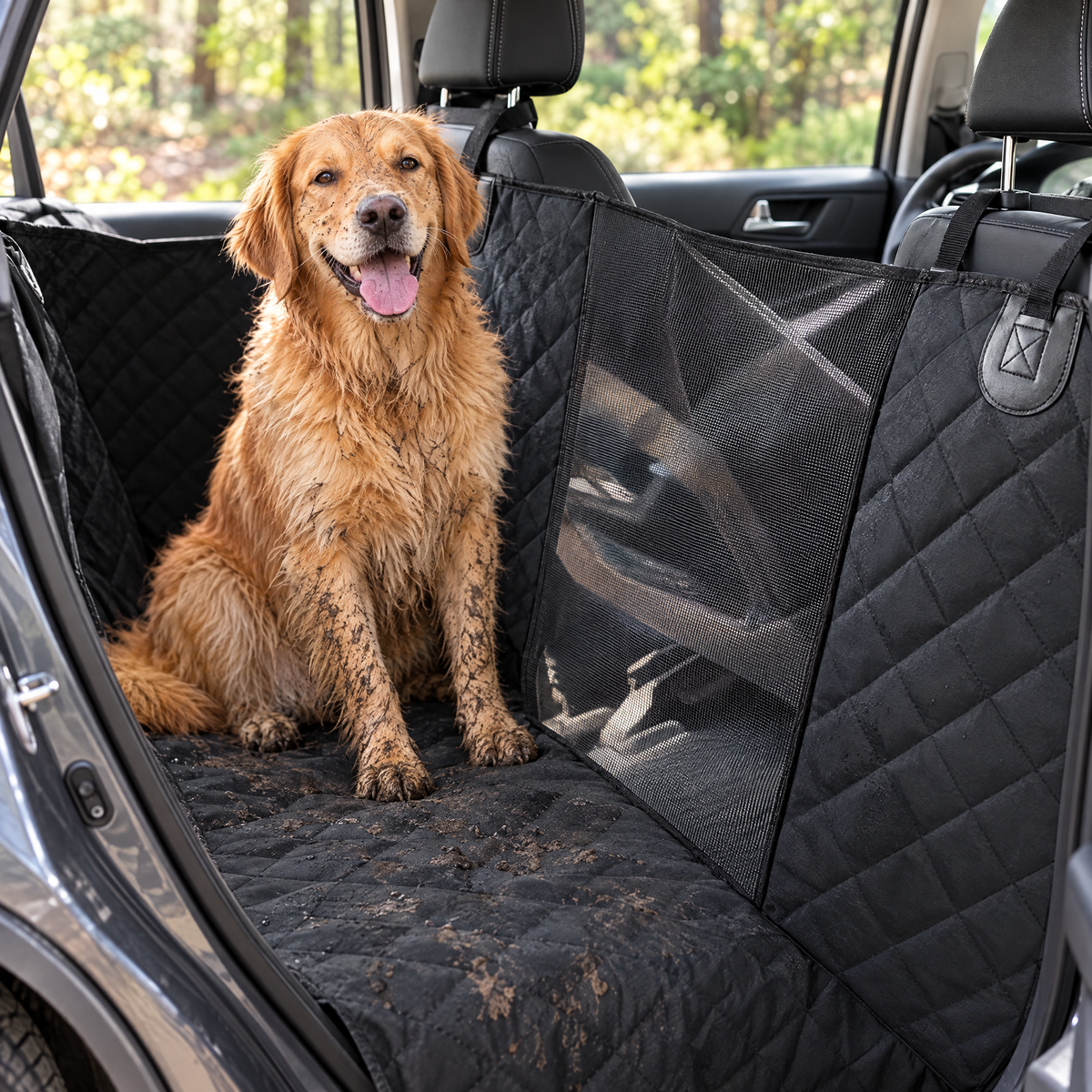 Golden retriever on the back seat protected by the waterproof car seat cover with mesh window