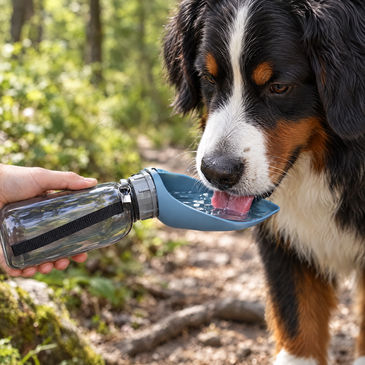 Bernese mountain dog drinking from the Blue Grey Leaf portable water bottle