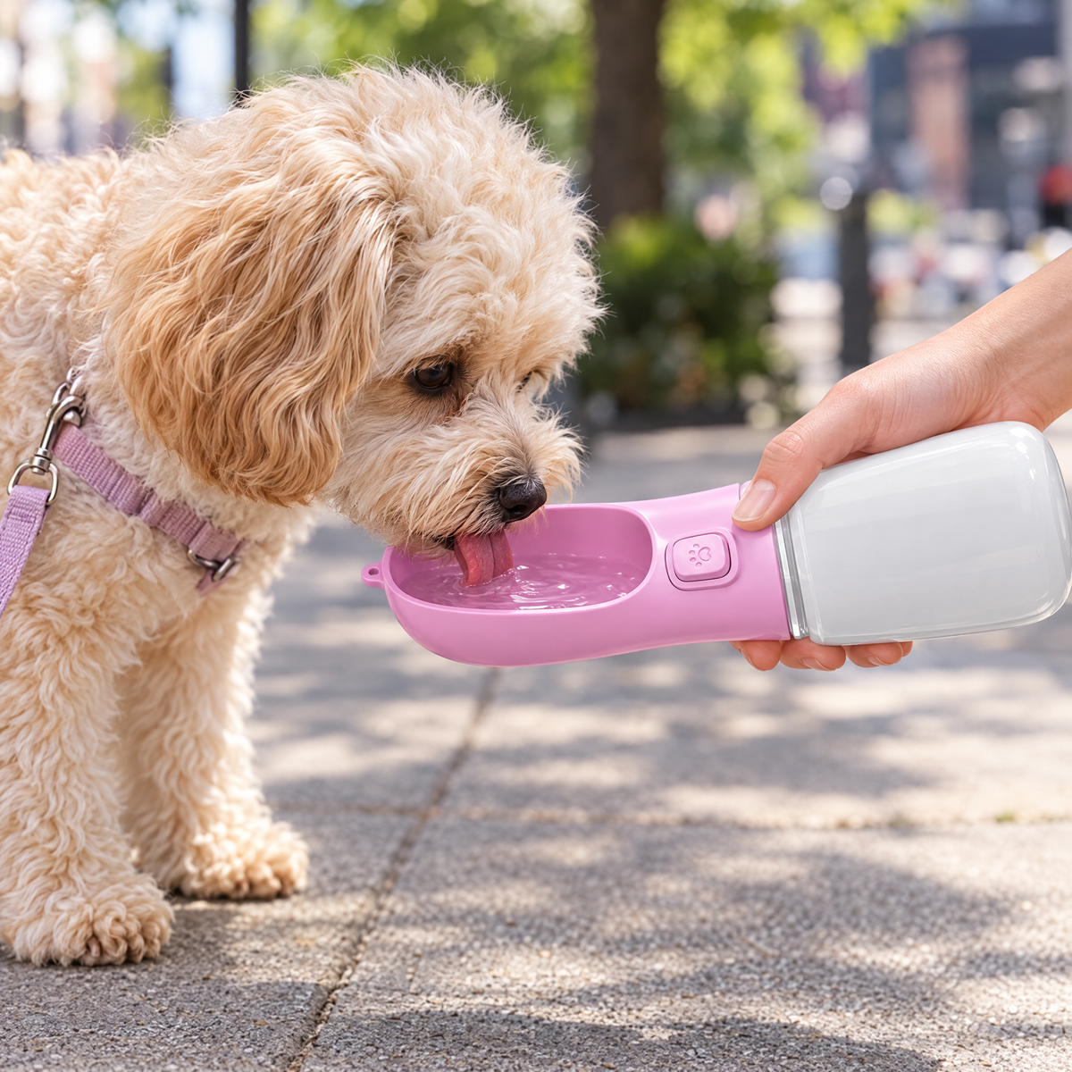 Maltipoo drinking from the pink portable water bottle
