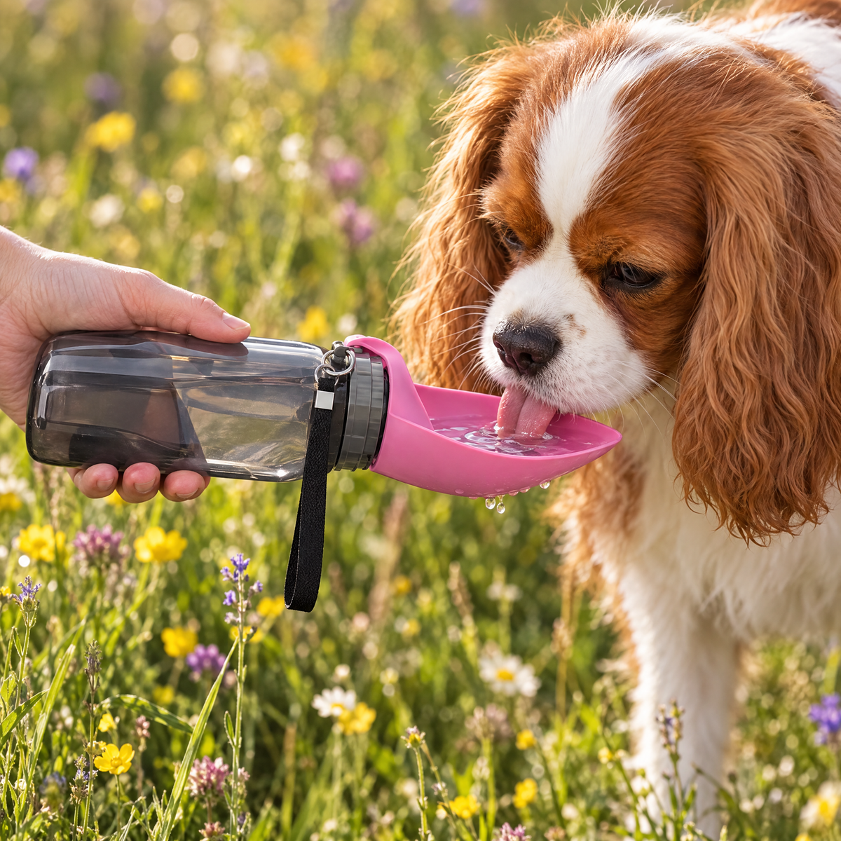 Cavalier spaniel drinking from the Pink Leaf portable water bottle