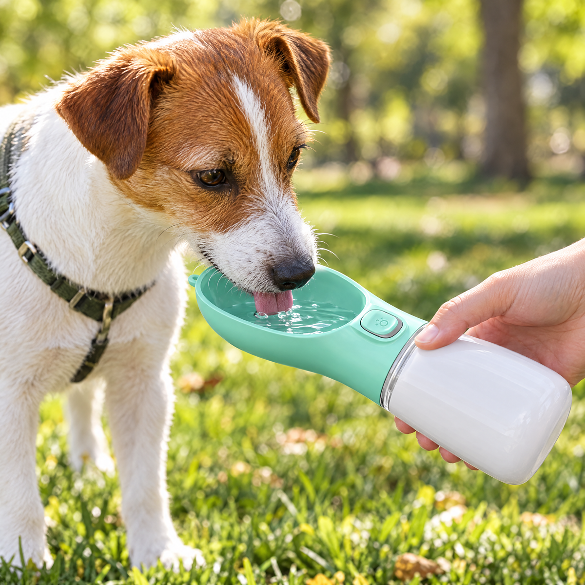 Jack Russell drinking from the green portable water bottle