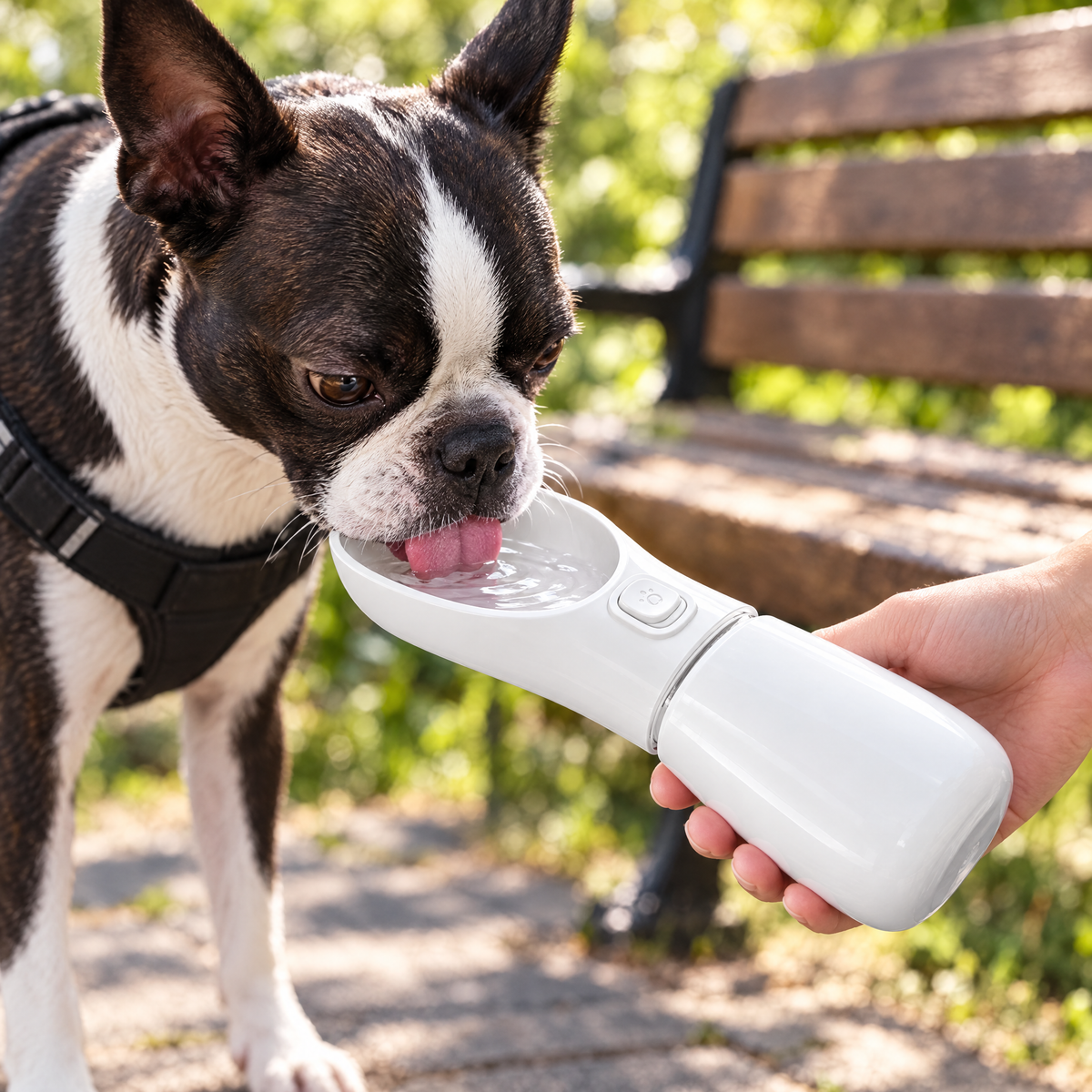 Boston terrier drinking from the white portable water bottle