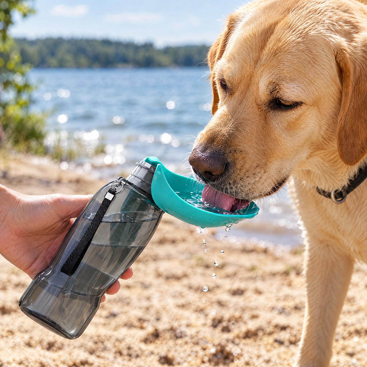Labrador drinking from the Lake Blue Leaf portable water bottle