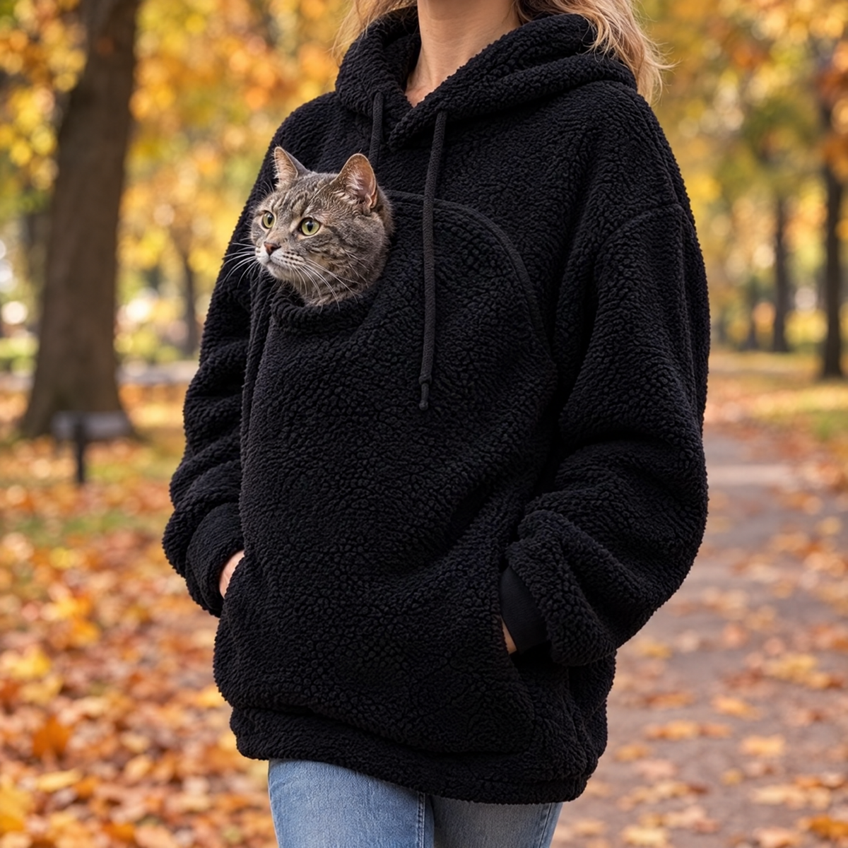 Tabby cat riding in the pouch of the black pet carrier hoodie