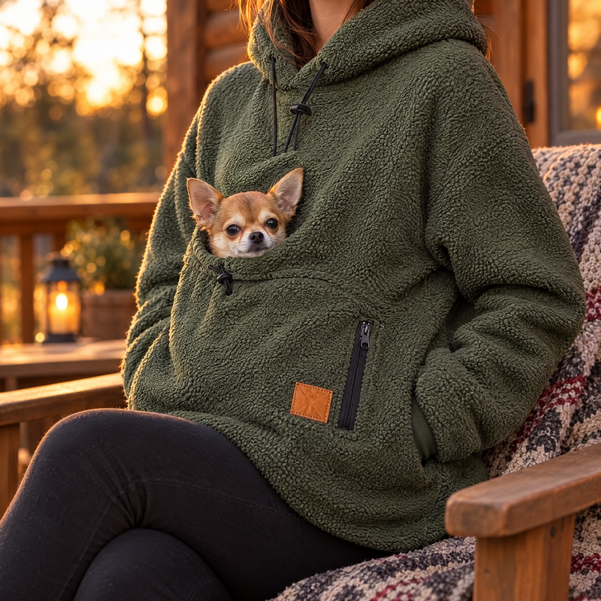 Chihuahua snuggled in the pouch of the army green pet carrier hoodie