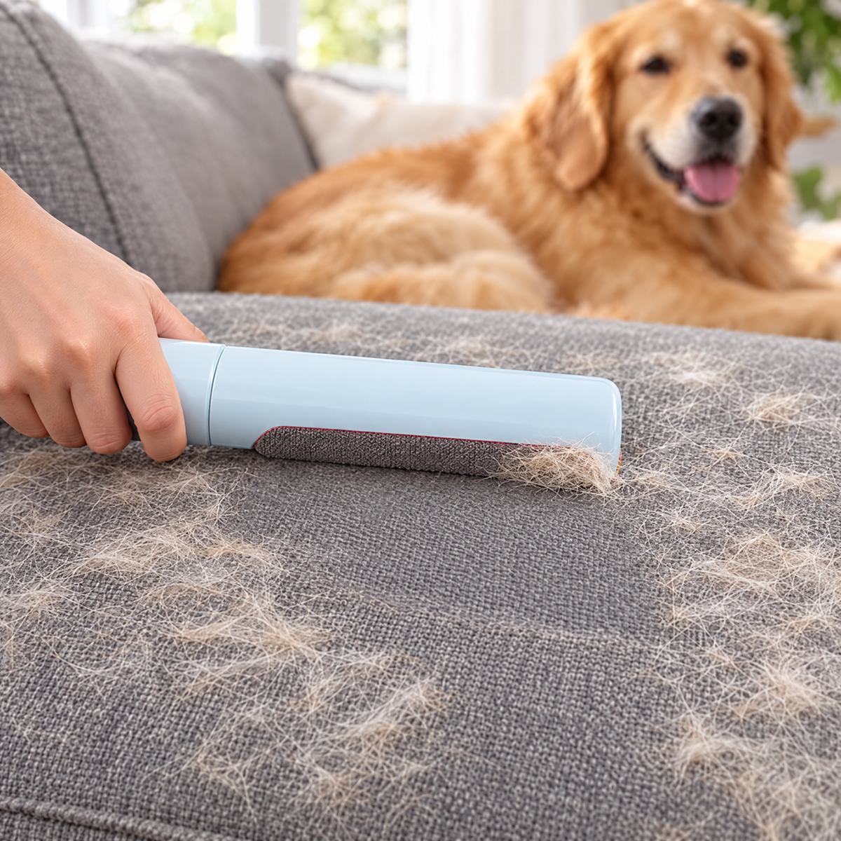 Blue pet hair remover brush swiped flat across a grey couch, lifting golden retriever fur
