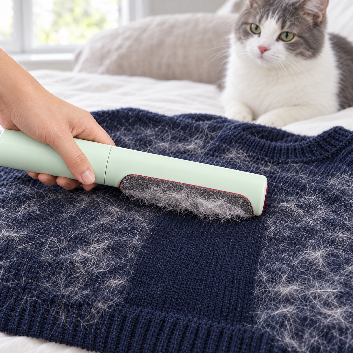 Green pet hair remover brush swiped along a navy sweater, lifting white cat hair