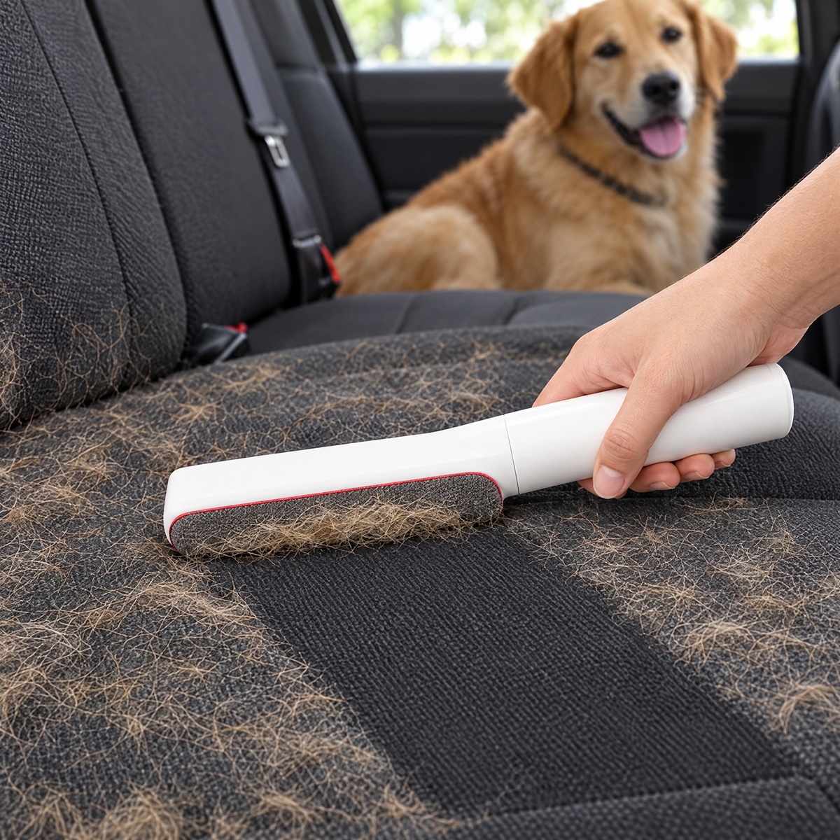 White pet hair remover brush swiped across a car back seat, lifting dog fur