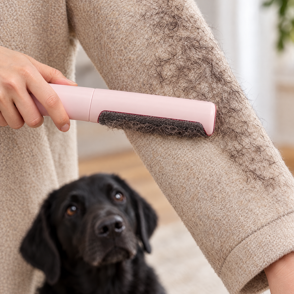 Pink pet hair remover brush swiped down a wool coat sleeve, lifting black dog hair