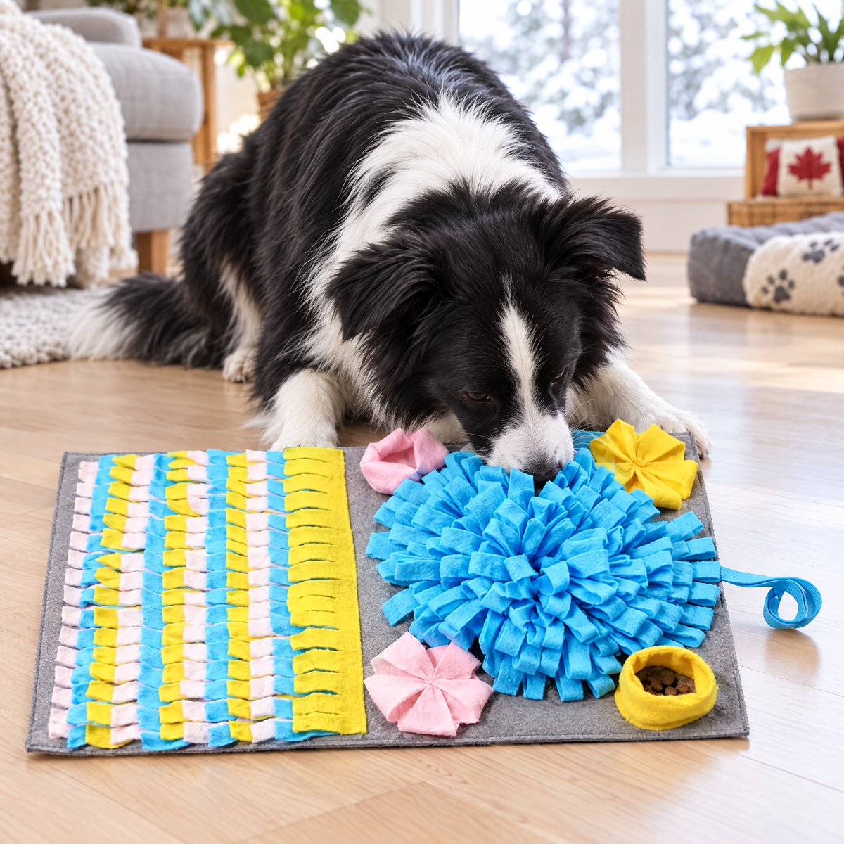Border Collie sniffing out kibble in the grey snuffle mat