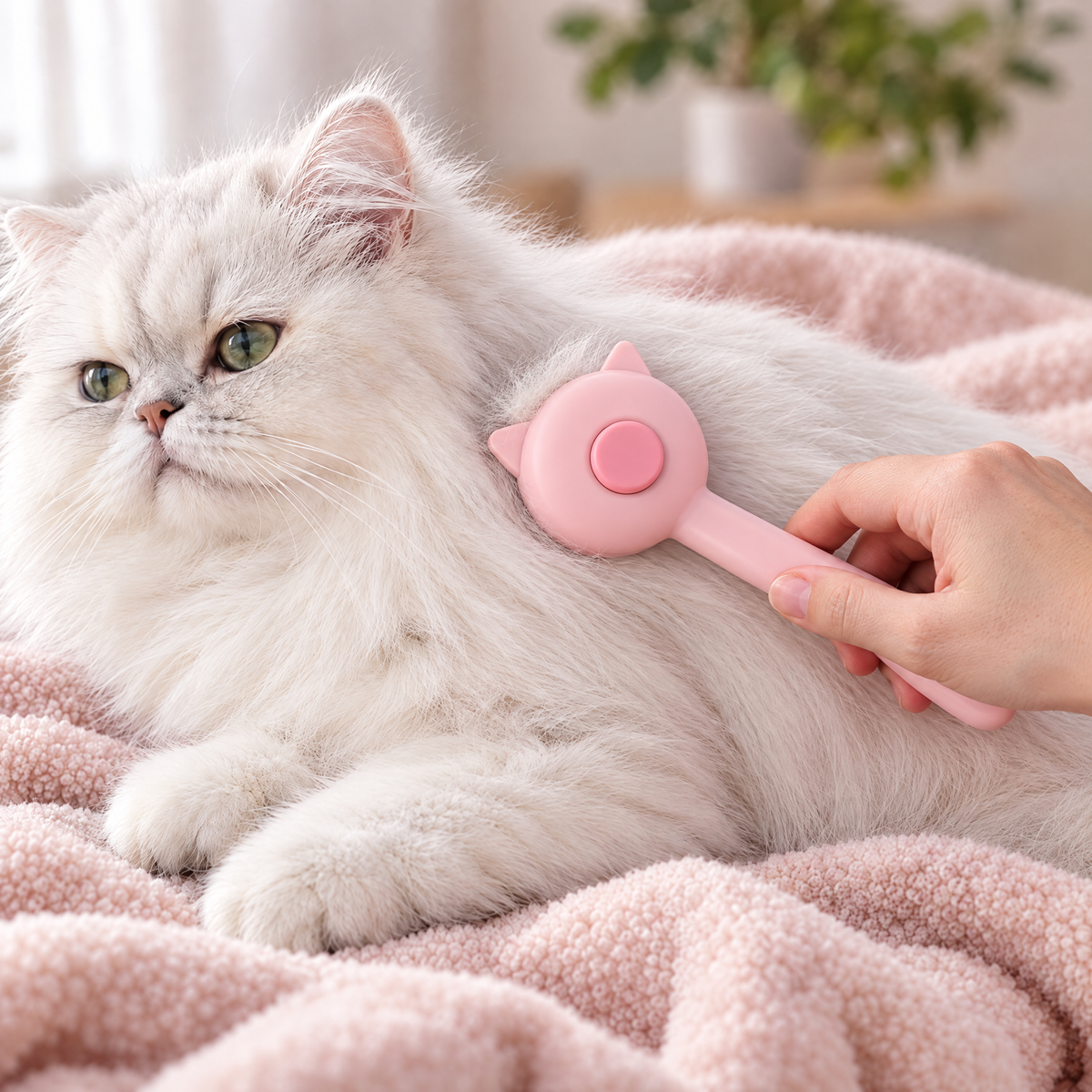 Persian cat being brushed with the Cat Ear Pink deshedding comb, pins pressed into the coat