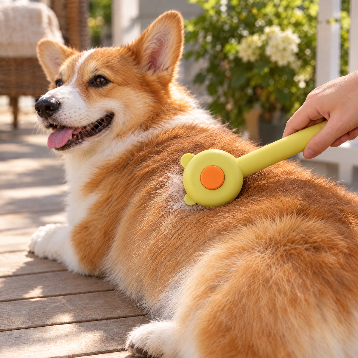 Corgi being brushed with the Egg Puff Yellow deshedding comb, pins pressed into the coat