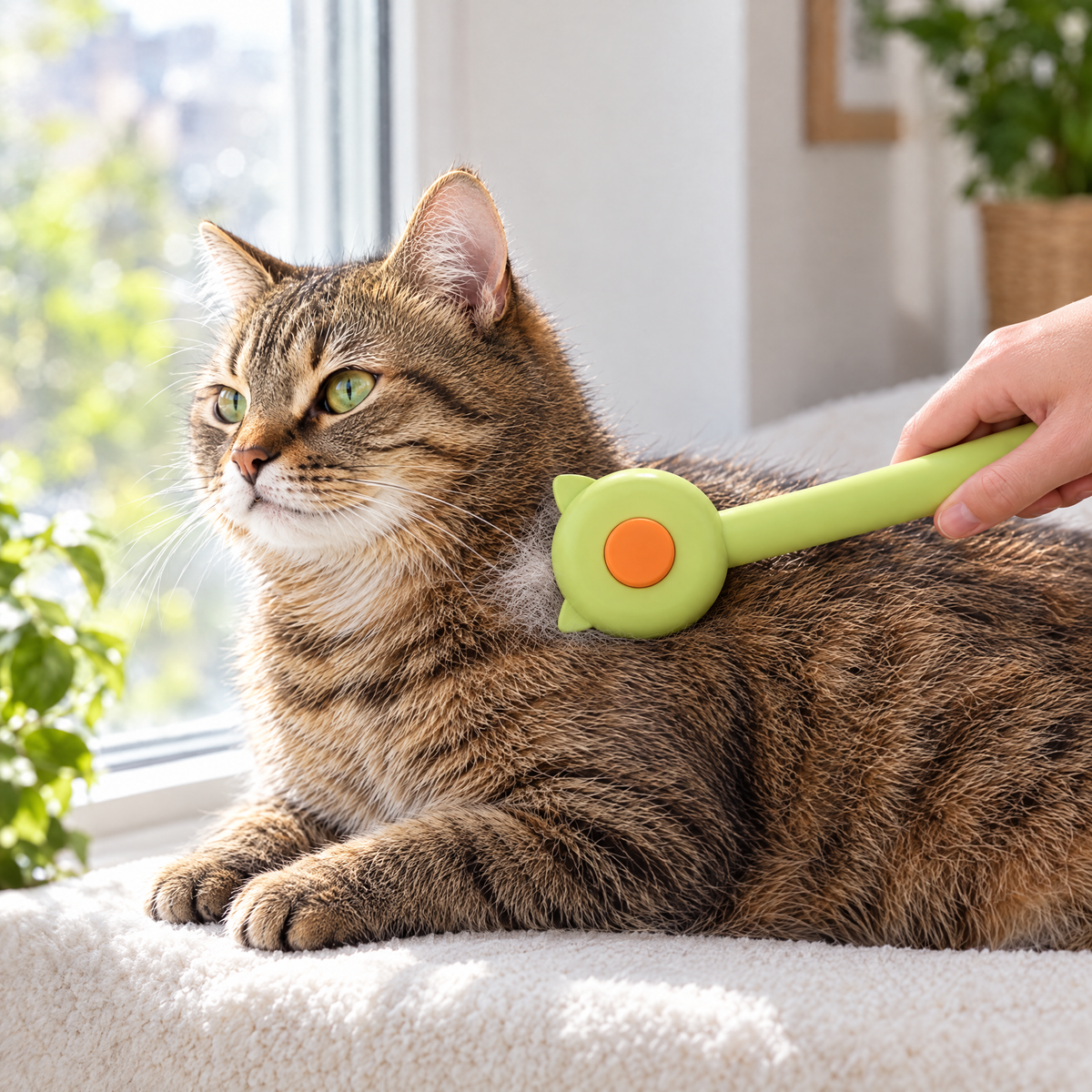 Tabby cat being brushed with the Cat Ear Green deshedding comb, pins pressed into the coat