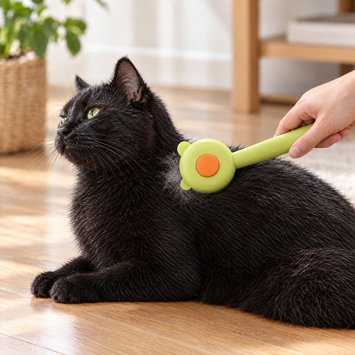 Black cat being brushed with the Plain Green deshedding comb, pins pressed into the coat