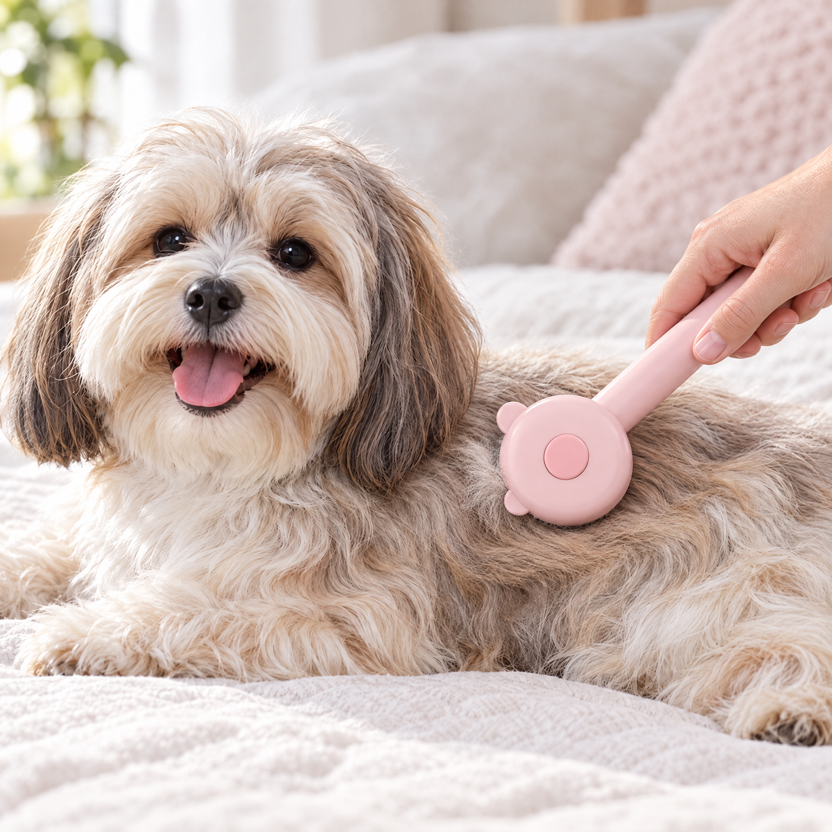 Havanese being brushed with the Plain Pink deshedding comb, pins pressed into the coat