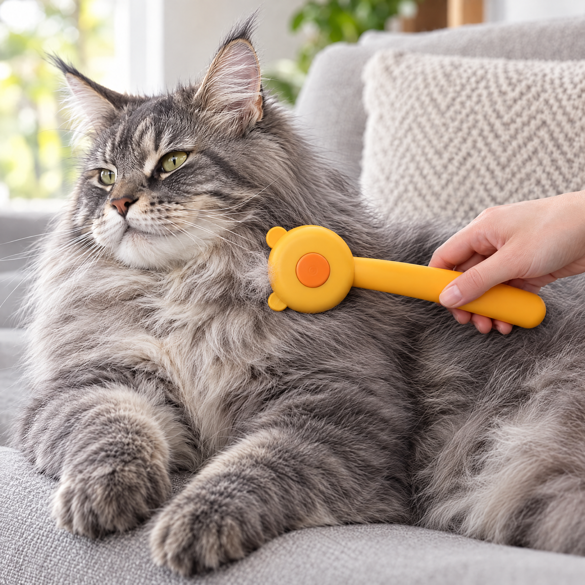 Maine Coon being brushed with the Bear Ear Orange deshedding comb, pins pressed into the coat