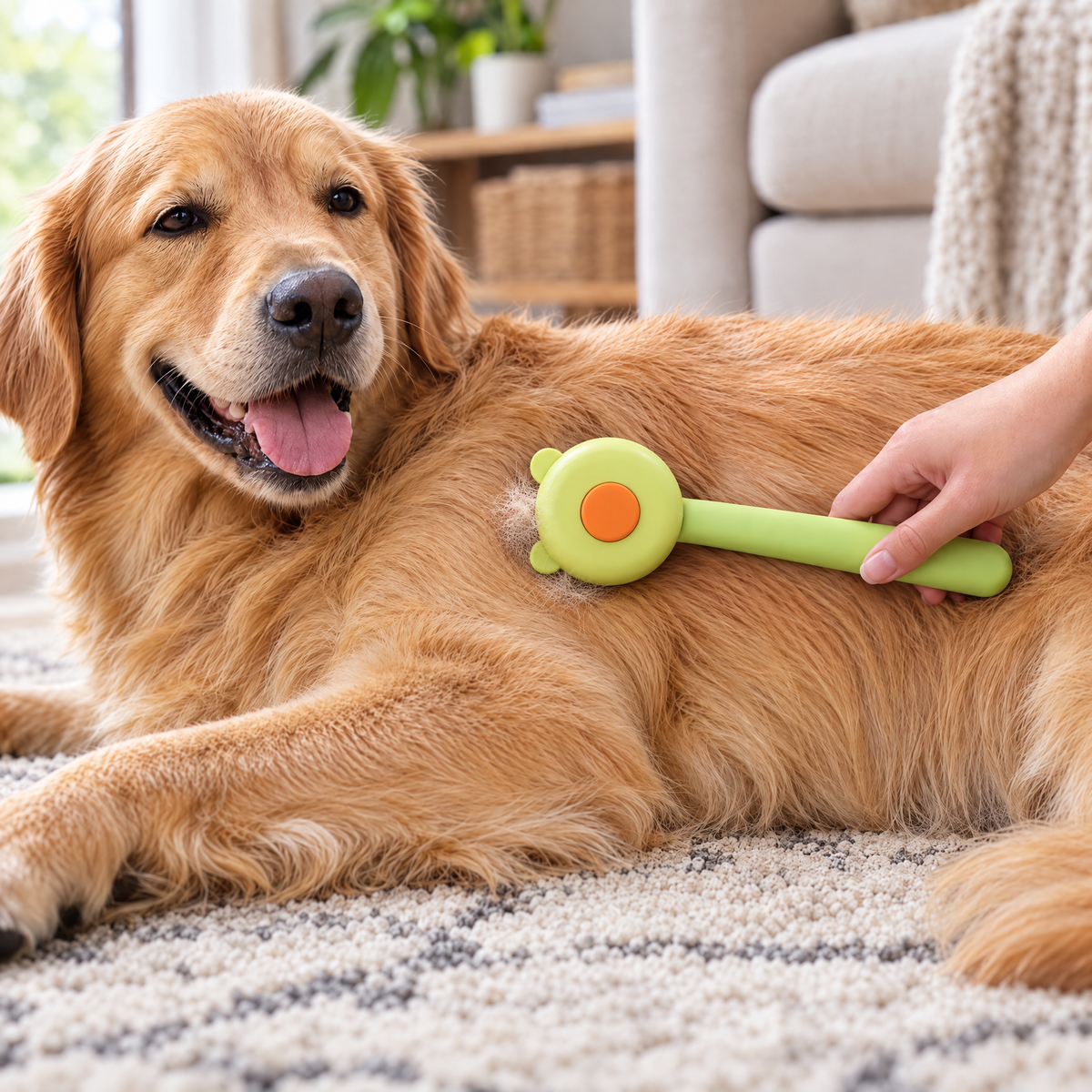 Golden retriever being brushed with the Bear Ear Green deshedding comb, pins pressed into the coat