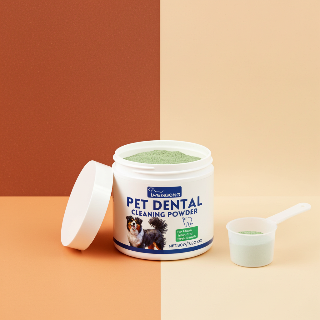 Fresh breath teeth cleaning powder jar with lid off and measuring scoop