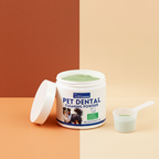 Fresh breath teeth cleaning powder jar with lid off and measuring scoop