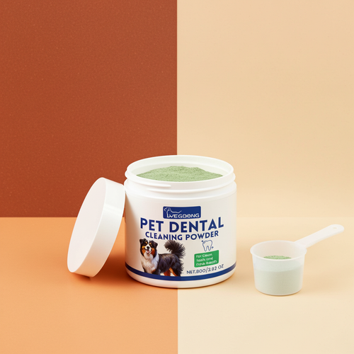 Fresh breath teeth cleaning powder jar with lid off and measuring scoop