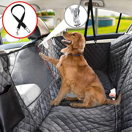 Waterproof pet car seat cover installed in a car with a dog sitting on it