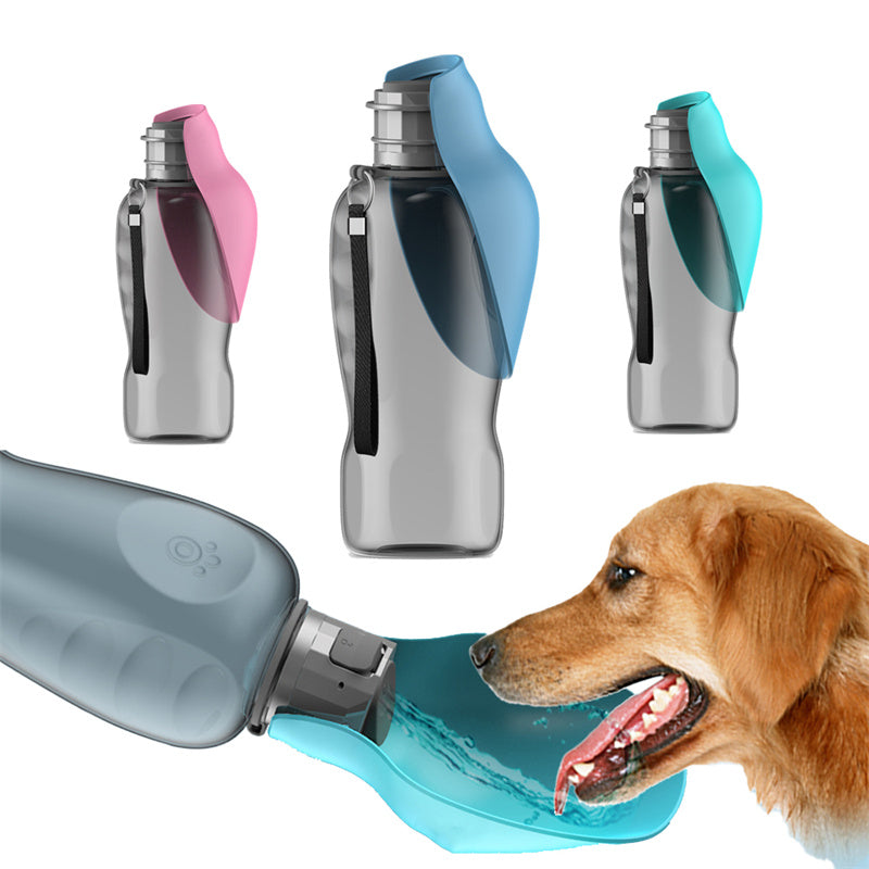 Portable dog water bottle with a golden retriever drinking from it
