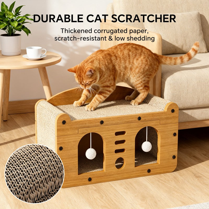 Hanging teaser balls included with the Wagbase cat scratcher sofa