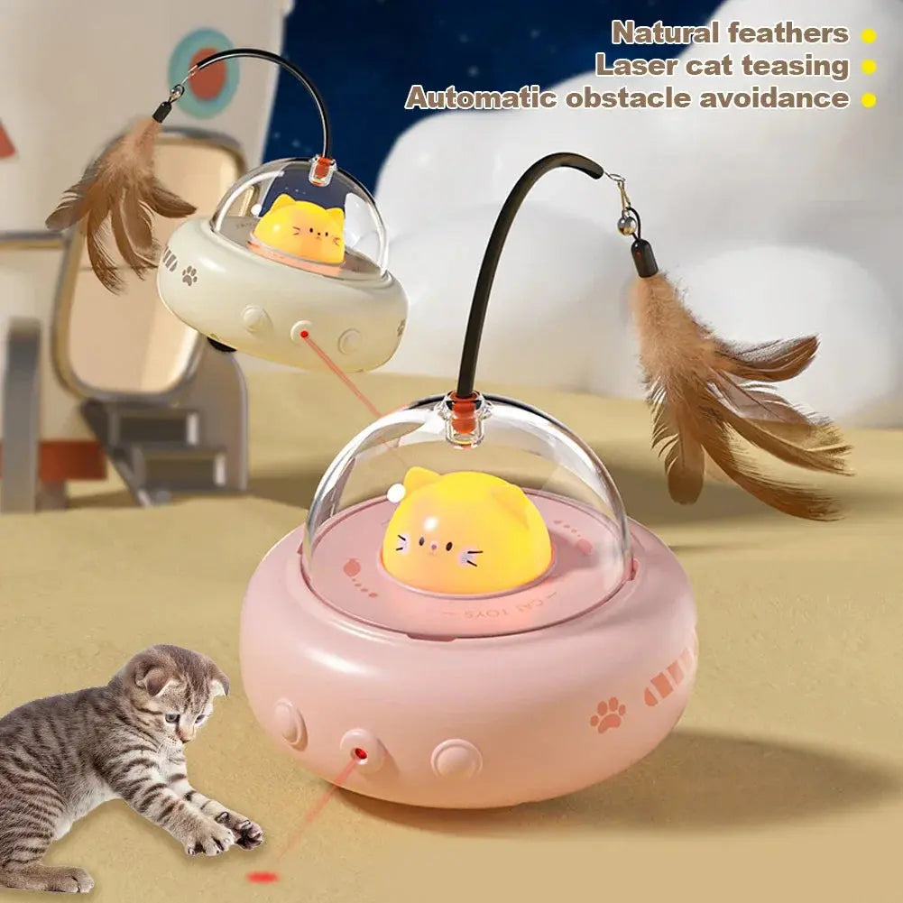 Electric Interactive Cat Teaser Toy: USB Rechargeable Feather Spinner Wagbase
